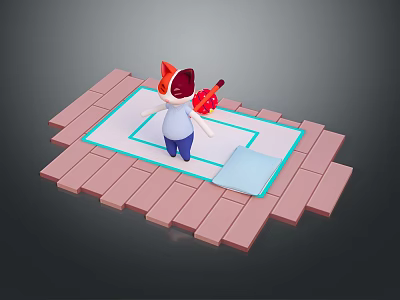 Fox Eared Character On Pink Brick Platform Holding Red Object White Mat With Blue Border 3d model