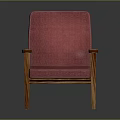 Red Upholstered Chair With Wooden Armrests And Sturdy Legs Design