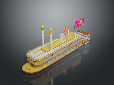 Vintage Steamship With Decorative Deck Two White Chimneys Yellow Hull And Pink Flag 3d model