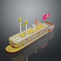 Vintage Steamship With Decorative Deck Two White Chimneys Yellow Hull And Pink Flag