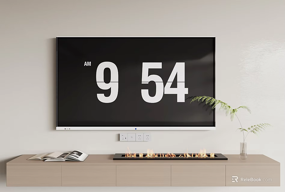 Wall Mounted TV With Digital Clock In Minimalist Living Room 3d model 