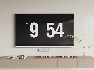 Wall Mounted TV With Digital Clock In Minimalist Living Room 3d model
