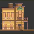 Vibrant Two Story Palomino Building 3D Model With Yellow Exterior Pink Balconies And Wooden Porch