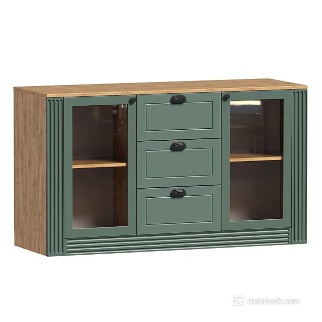 Modern Green Wooden Sideboard With Three Drawers And Glass Door Shelves 3d model 