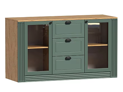 Modern Green Wooden Sideboard With Three Drawers And Glass Door Shelves 3d model