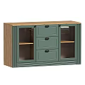 Modern Green Wooden Sideboard With Three Drawers And Glass Door Shelves