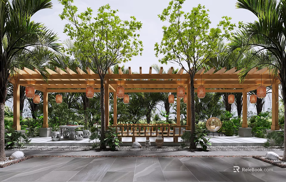 Outdoor Wooden Pergola Space With Hanging Lanterns Palm Trees Bench And Stone Floor 3d model 
