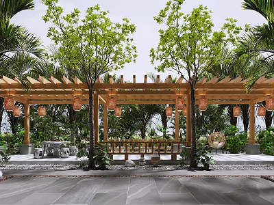Outdoor Wooden Pergola Space With Hanging Lanterns Palm Trees Bench And Stone Floor 3d model