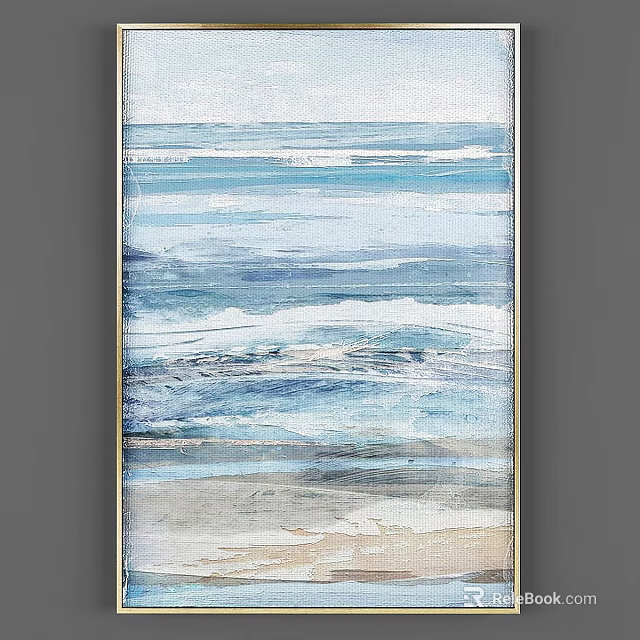 Modern Framed Ocean Wave Painting With Blue White Beach Scene For Home Decor 3d model 