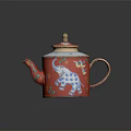 Traditional Red Teapot with Blue Elephant Bird Patterns and Decorative Woven Lid