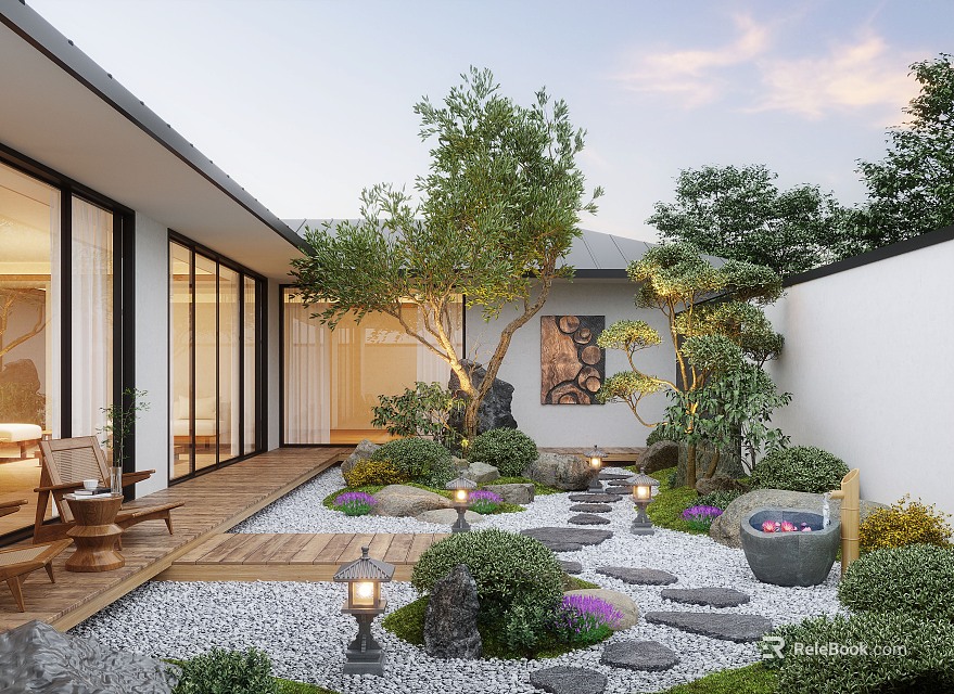 Zen Courtyard Garden With Wooden Pathway Stone Steps Garden Lanterns And Green Plants 3d model 