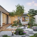 Zen Courtyard Garden With Wooden Pathway Stone Steps Garden Lanterns And Green Plants