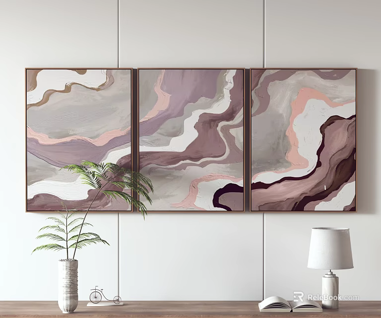 Abstract Triptych Paintings With Soft Tones In Modern Interior 3d model