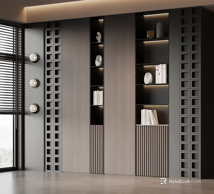 Modern Built in Bookcase With Layered Shelves Decorative Items And Lighting 3d model 