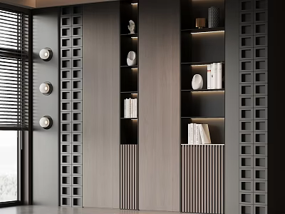 Modern Built in Bookcase With Layered Shelves Decorative Items And Lighting 3d model