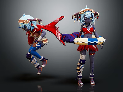 Fantasy Characters With Blue Hair Red Cape Jumping And Holding Decorative Tray 3d model