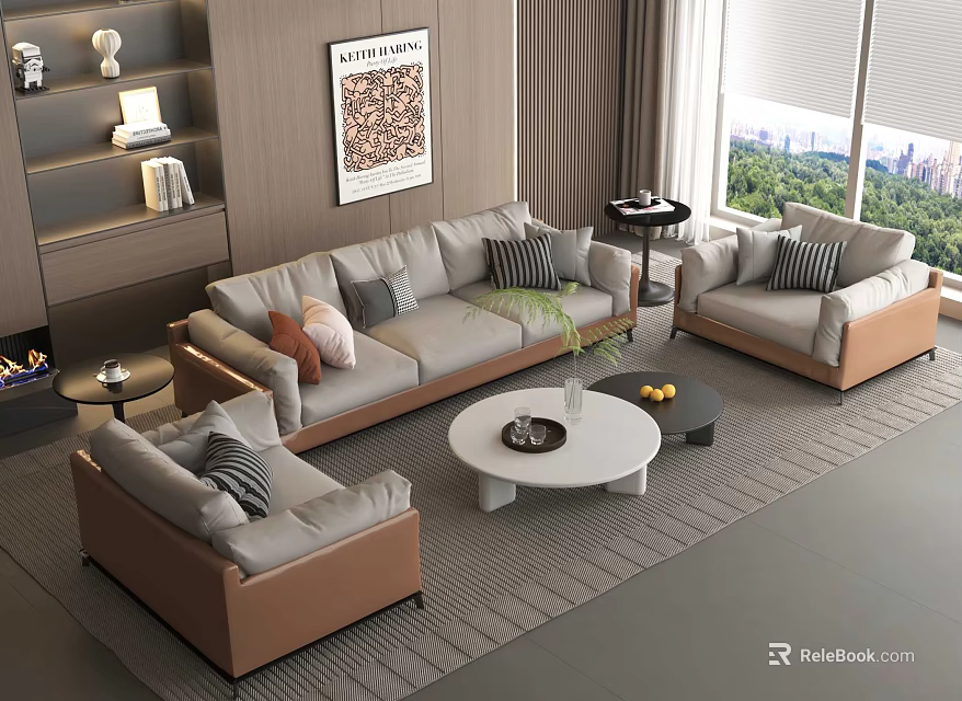 Modern Sofa Coffee Table Set With Neutral Cushions Round White Table And Window View 3d model