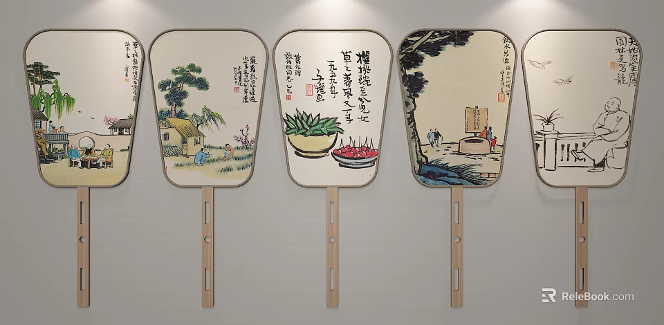 Chinese Traditional Fan Shaped Hanging Wall Ornaments With Paintings Calligraphy And Wooden Handles 3d model 