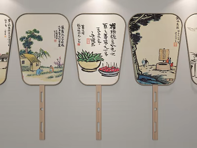 Chinese Traditional Fan Shaped Hanging Wall Ornaments With Paintings Calligraphy And Wooden Handles 3d model