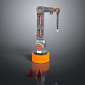 Industrial Robotic Arm With Orange Base And Red Bottles On Reflective Surface 3d model