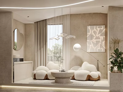 Modern Lounge Area Interior With Soft Cloud Sofa Pendant Light And Decorative Painting 3d model