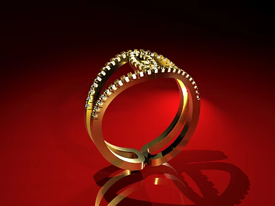 Luxury Gold Jewelry Ring Featuring Sparkling Diamonds On Red Background 3d model