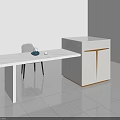 White Bar Counter With Extended Tabletop Chair And Blue Bowl On White Tiled Floor