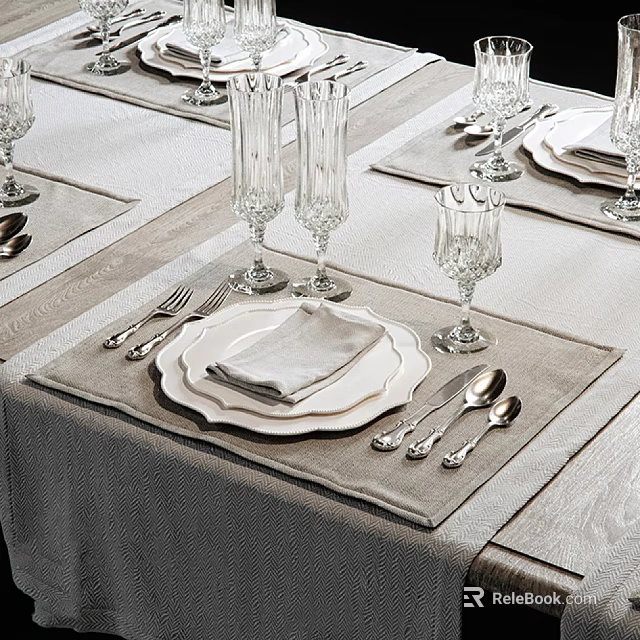 Elegant Dinnerware Set for Table Setting with Plates Napkins Cutlery and Wine Glasses 3d model 