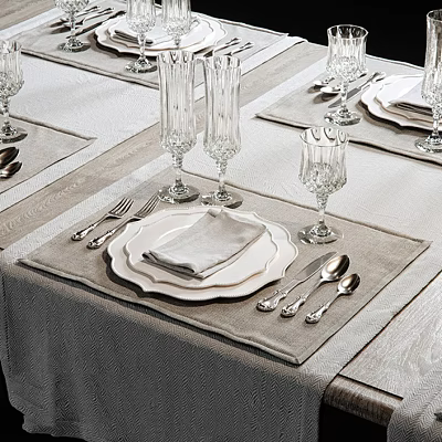 Elegant Dinnerware Set for Table Setting with Plates Napkins Cutlery and Wine Glasses 3d model
