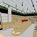 Fresh Fruit Store Interior With Wooden Shelves Refrigerated Cases And Central Display Stand