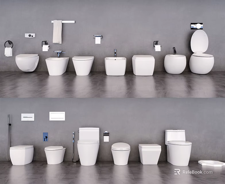 Modern Bathroom Toilet Display With Various Designs Sinks Faucets And Towel Racks 3d model 