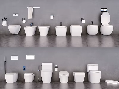 Modern Bathroom Toilet Display With Various Designs Sinks Faucets And Towel Racks 3d model