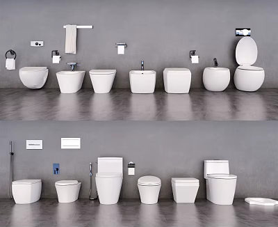 Modern Bathroom Toilet Display With Various Designs Sinks Faucets And Towel Racks 3d model