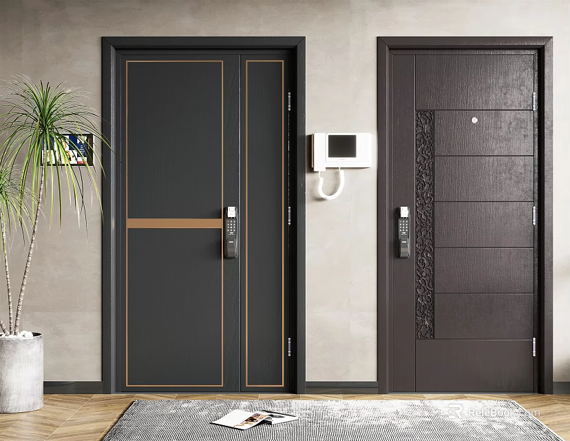 Dark Double and Single Security Doors With Golden Line Accents Vertical Stripes and Modern Handles 3d model 