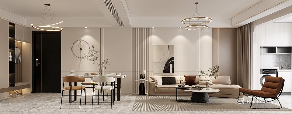 Modern Minimalist Living And Dining Area With Sofa And Dining Table 3d model