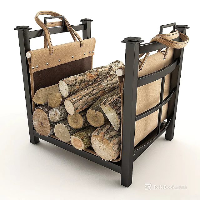 Fireplace Wood Storage Rack With Black Metal Frame And Beige Canvas Bags Holding Stacked Logs 3d model 