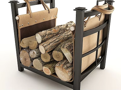 Fireplace Wood Storage Rack With Black Metal Frame And Beige Canvas Bags Holding Stacked Logs 3d model