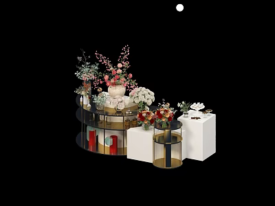 Elegant Vase Flower Display With Multi Tiered Shelf Pink White Blooms Gold Trim White Cube 3d model