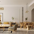 Modern Living and Dining Room Interior With Sofa Dining Table Chairs Pendant Light and Artwork