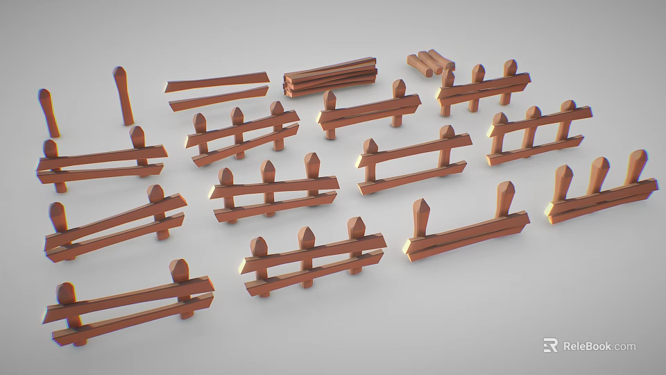 Brown Wooden Garden Railings With Various Designs And Decorative Styles 3d model 