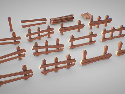 Brown Wooden Garden Railings With Various Designs And Decorative Styles 3d model