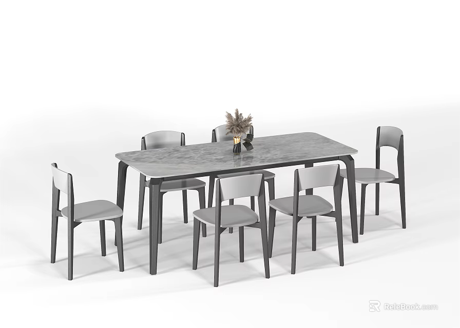Modern Gray Rectangular Dining Table Set With Six Chairs And Flower Vase 3d model