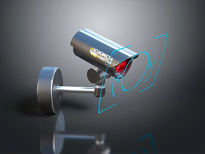 Long Span Surveillance Camera With Red Lens And Blue Scanning Lines For Security Monitoring 3d model