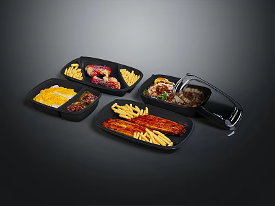 Black Divided Food Containers With Open Lid And Various Foods Including Fries Meat Vegetables 3d model