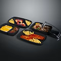 Black Divided Food Containers With Open Lid And Various Foods Including Fries Meat Vegetables