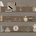 Artistic Decorative Ornaments and Figurines Set with Vases Sculptures Books Table Lamp on Wooden Shelves