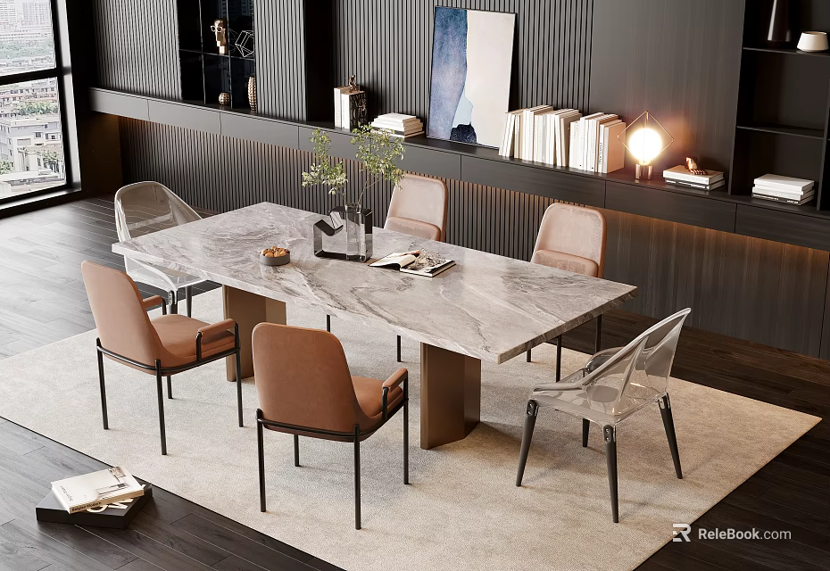 Modern Dining Table Set With Marble Top Brown Leather And Clear Acrylic Chairs 3d model 