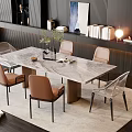 Modern Dining Table Set With Marble Top Brown Leather And Clear Acrylic Chairs