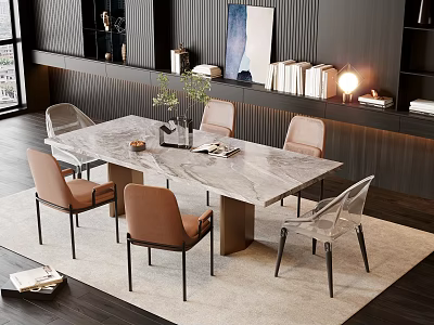 Modern Dining Table Set With Marble Top Brown Leather And Clear Acrylic Chairs 3d model
