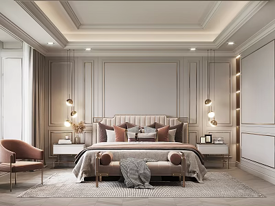 Elegant Modern Bedroom Interior With Upholstered Headboard Throw Pillows Nightstands Table Lamps And Accent Chair 3d model